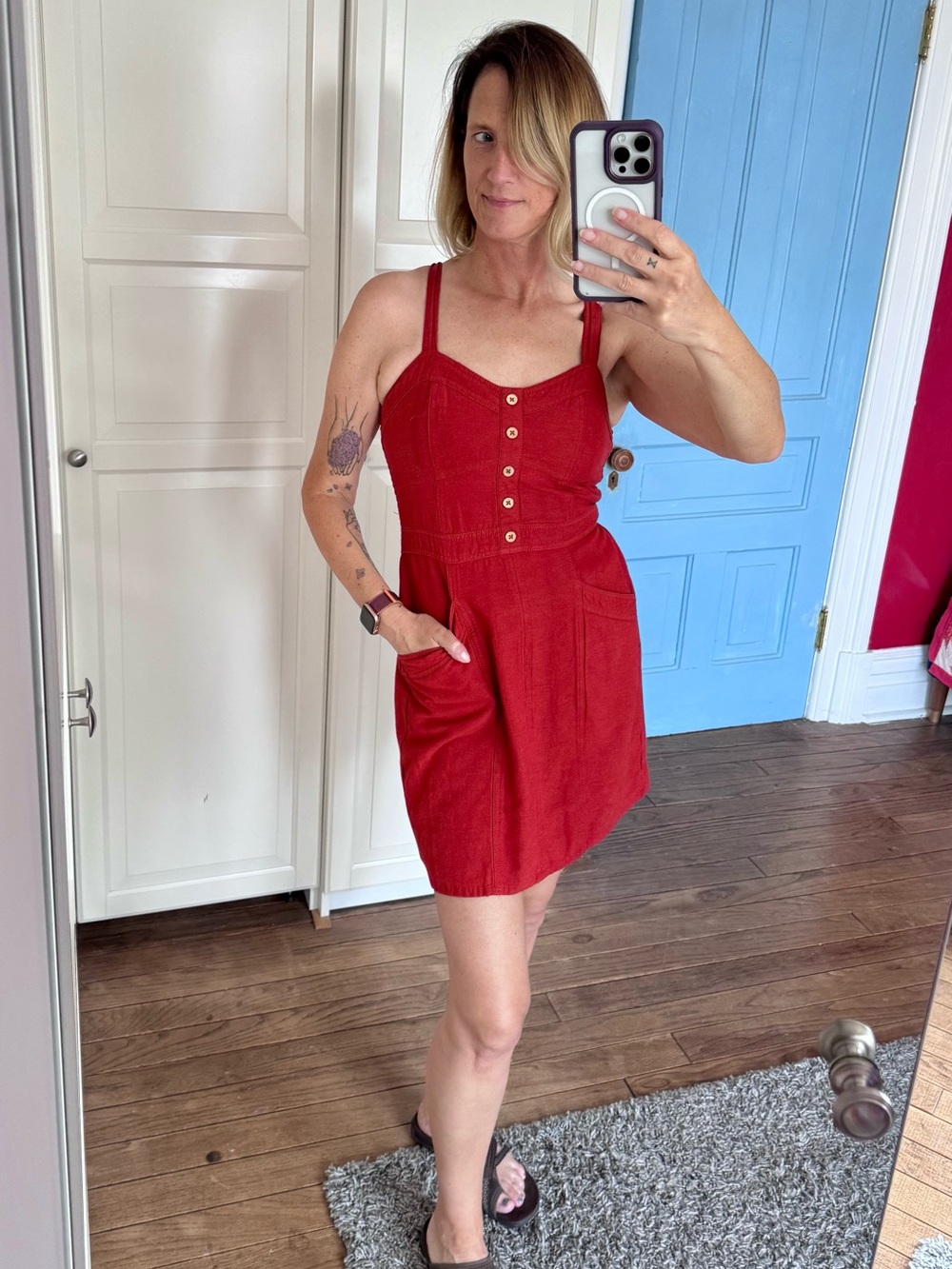 Japna Red Button-Front Mini Dress with Pockets sz M